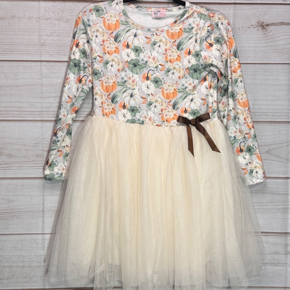 Pete + Lucy Girls Pumpkin Floral Tutu Dress Long Sleeve Fall Autumn Cream Orange